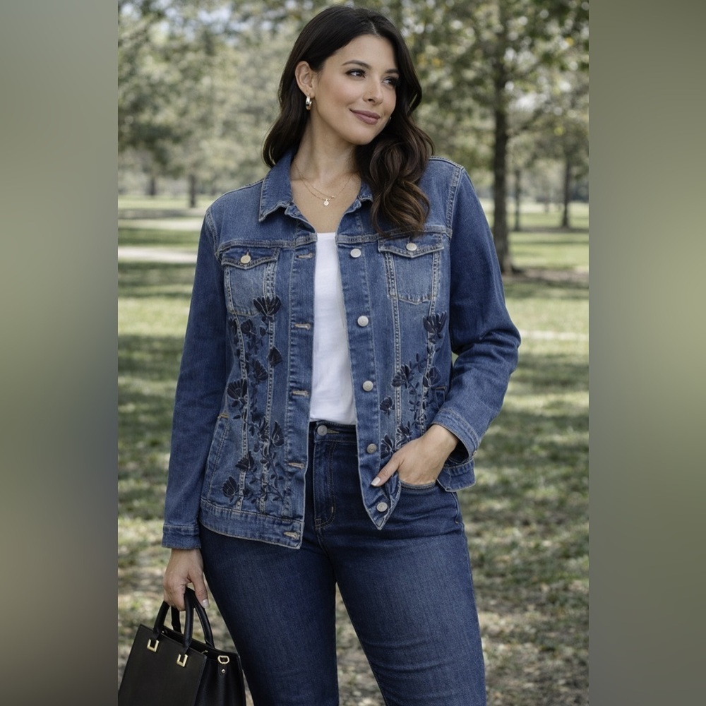 LuLaRoe Jaxon Embroidered Roses on Denim Jacket EUC XL